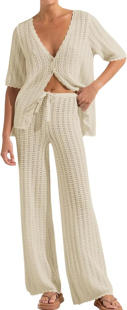 Gihuo Womens Swimsuits Cover Ups Crochet 2 Piece Bikini Coverup Beach V Neck Hollow Out Bathing S... | Amazon (US)