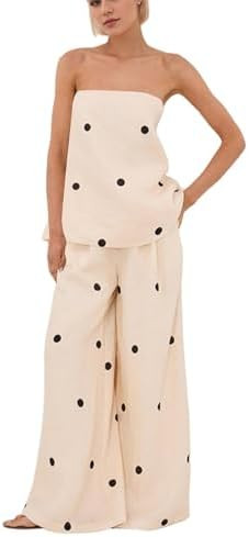 Women 2 Piece Outfits Polka Dot Summer Pants Set Strapless Tube Top High Elastic Waist Wide Leg P... | Amazon (US)