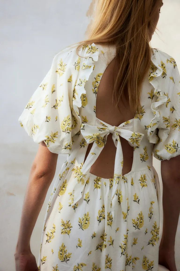 Puff-sleeved Midi Dress - Round Neck - Short sleeve - Cream/floral - Ladies | H&M US | H&M (US + CA)