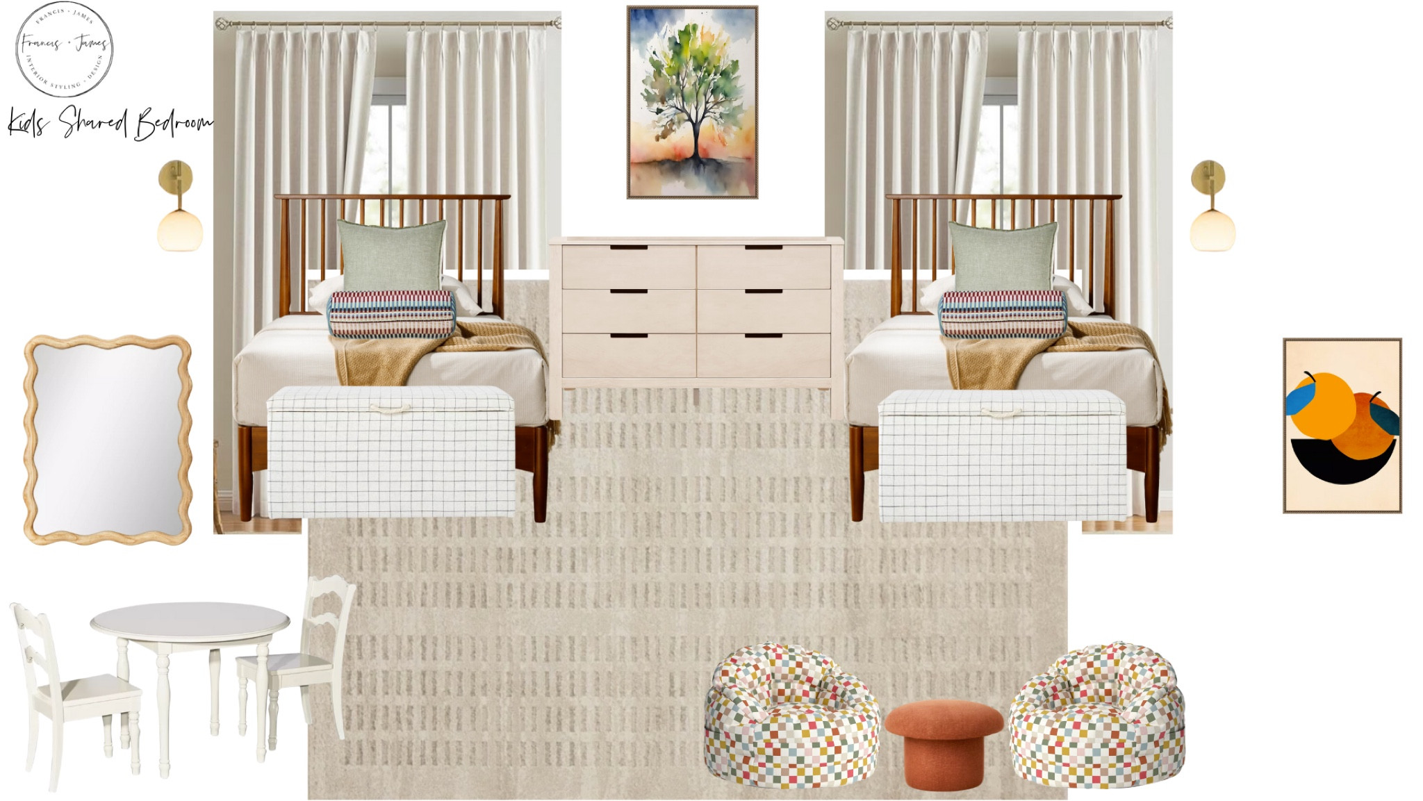 Beach house, lake house, guest room, kids room, shared sibling room, colorful room, shared kids space, playroom, kids, home, nursery, colorful room, kids room, girls room, boys room, playroom, play, kids, home decor, budget friendly home, bed, dresser, wooden bed, spindle bed, play table, bean bags