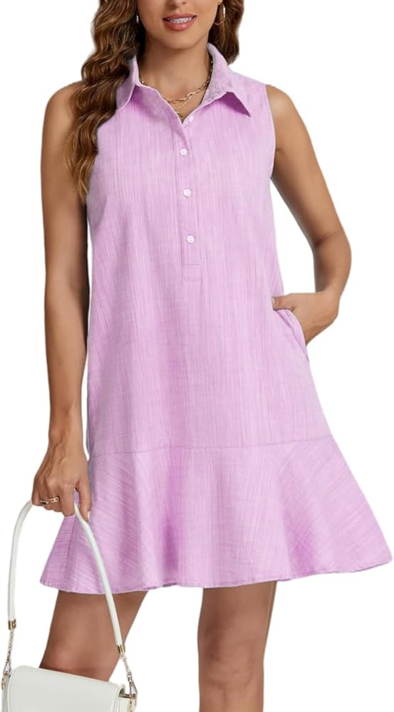 Women Sleeveless Mini Dress Button Down Shirt Dress V Neck Reffle Hem Cotton Linen Tunic Short Dr... | Amazon (US)