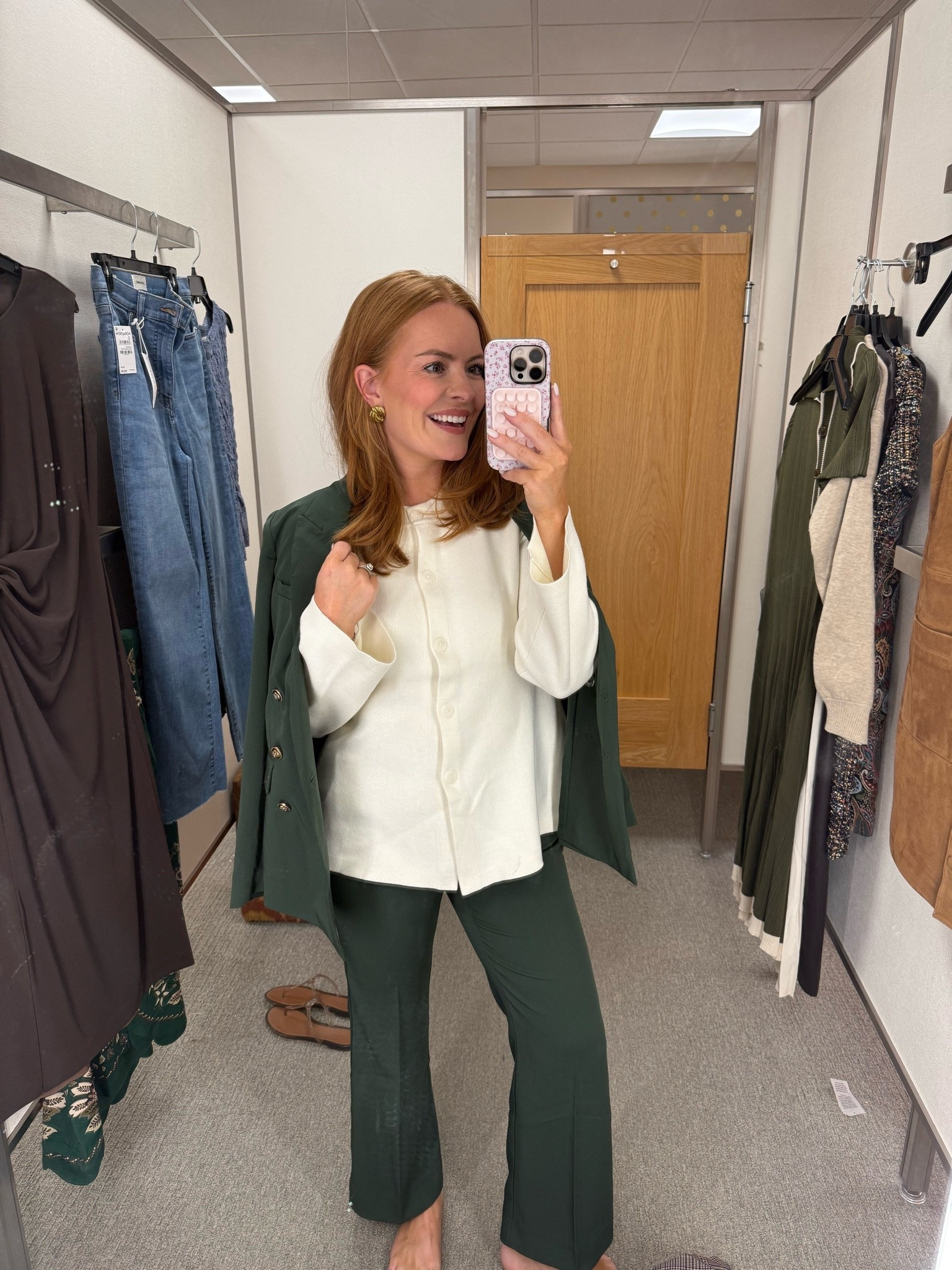sizing- blazer true to size, pants size up and sweater true to size!

Under $100 Nordstrom sale finds! This green jacket, pants and button down sweater is all under $100!