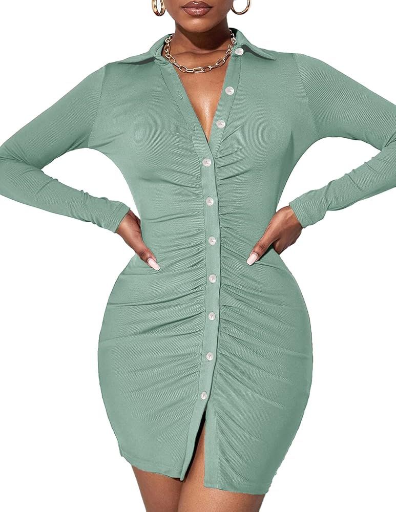 IQREENY Women Sexy Bodycon Dress Button Down Long Sleeve Ruched Dress Collared Party Club Shirt Dres | Amazon (US)