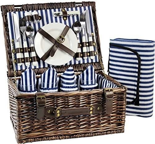 Wicker Picnic Basket for 4 with Soft Picnic Blanket, Picnic Set for 4 with Beach Mat, Willow Hamper  | Amazon (US)