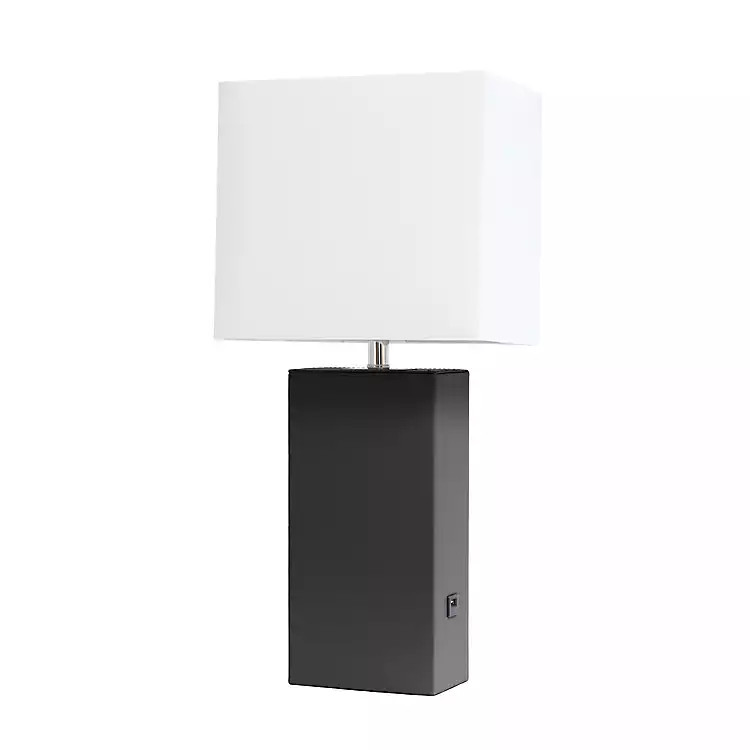 Black Faux Leather USB Table Lamp | Kirkland's Home
