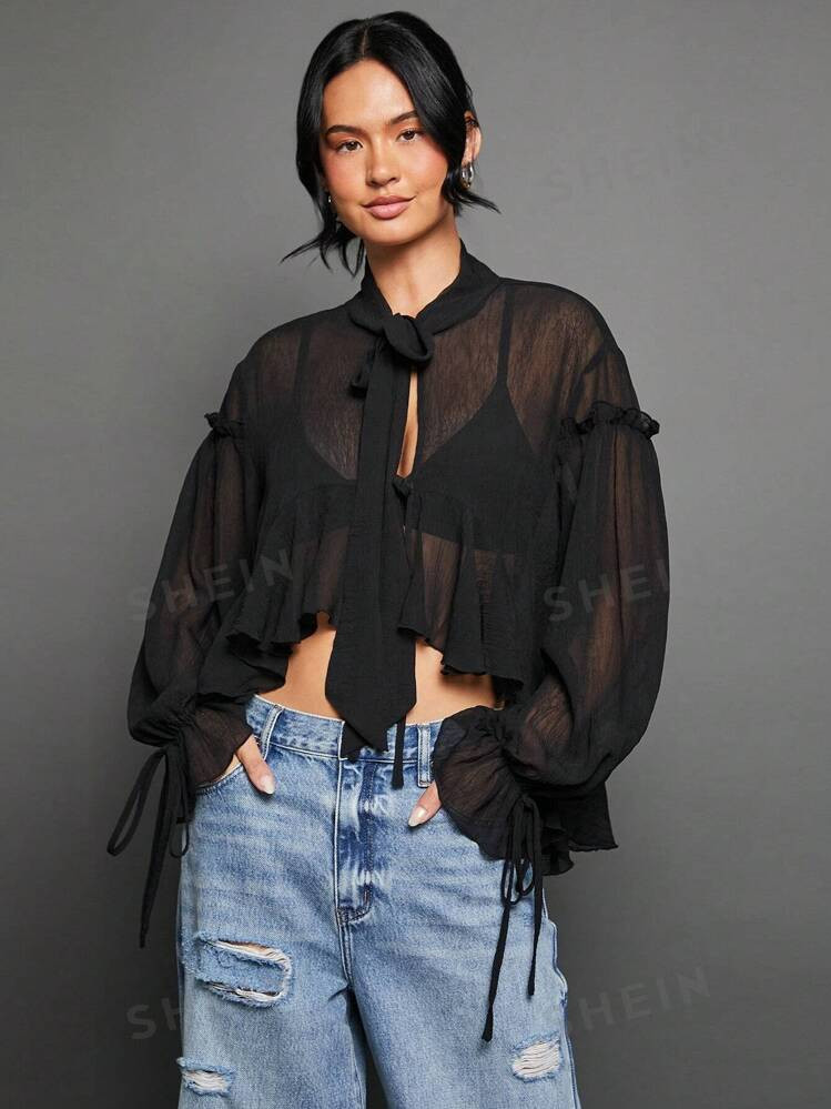 WESTFADE Scarf Tie Sheer Ruffled Blouse | SHEIN