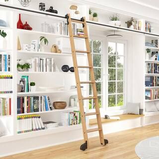 Quiet Glide 8 ft. Red Oak Library Ladder (9 ft. Reach) Black Contemporary Rolling Hook Hardware 1... | The Home Depot