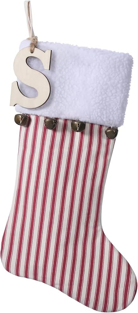 19.5 inch Red Vertical Stripe Christmas Stocking w/Bells, Personalized Wooden Initial Monogram Ch... | Amazon (US)