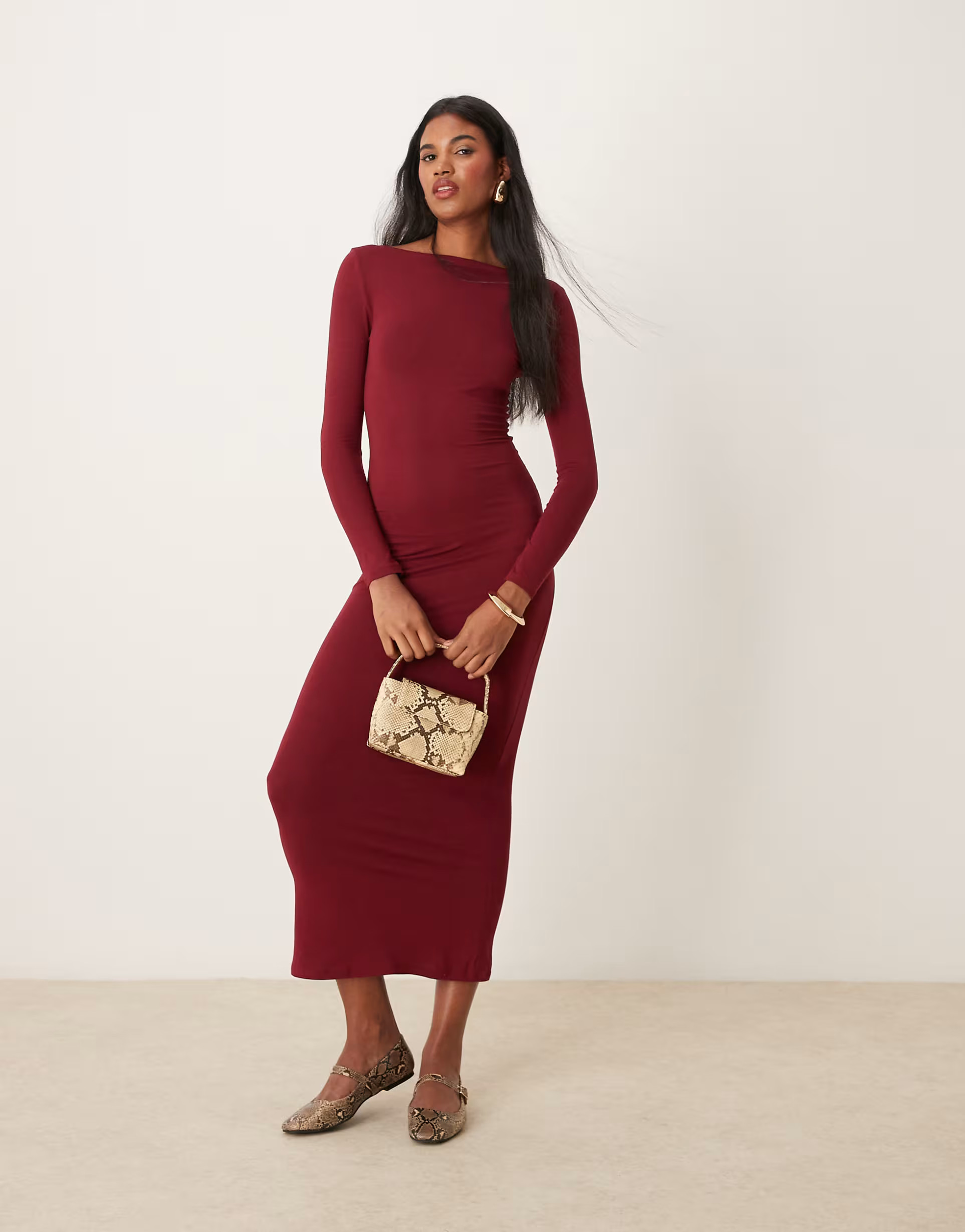 Miss Selfridge long sleeve slash neck maxi dress in burgundy | ASOS (Global)
