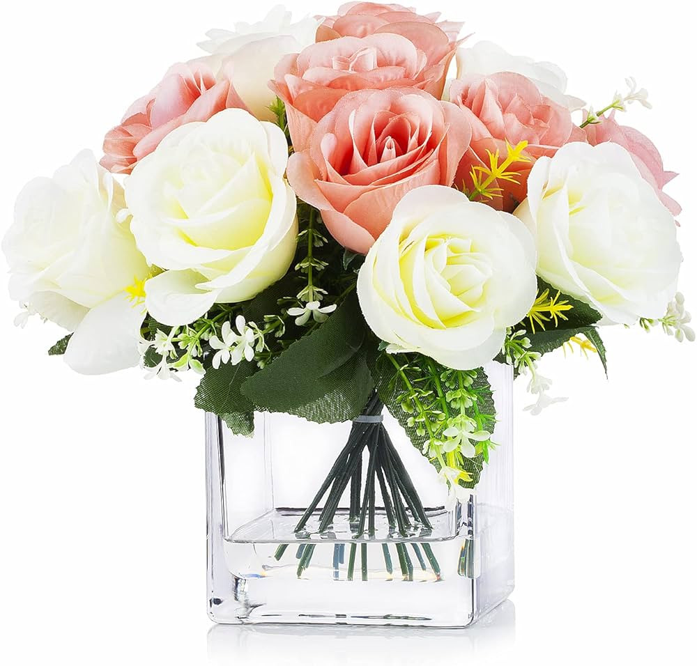ENOVA HOME 18 Heads Silk Roses Flower Arrangement in Clear Glass Vase with Faux Water for Home Of... | Amazon (US)