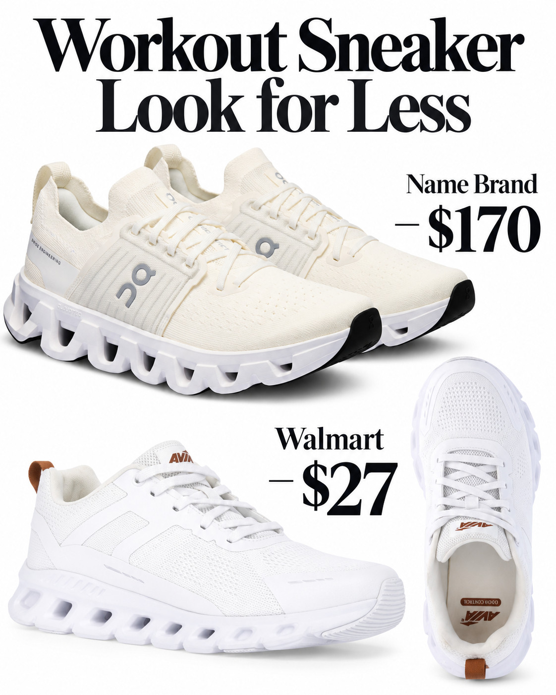 Stop your scroll - these look alike sneakers from Walmart are a MUST have. They fit comparatively and FEEL just as good as the $170 pair you've been gawking over. Trust me on this one- they wont stay in stock long!  

 #LTKfitnessgoals #LTKActive #LTKSaleAlert