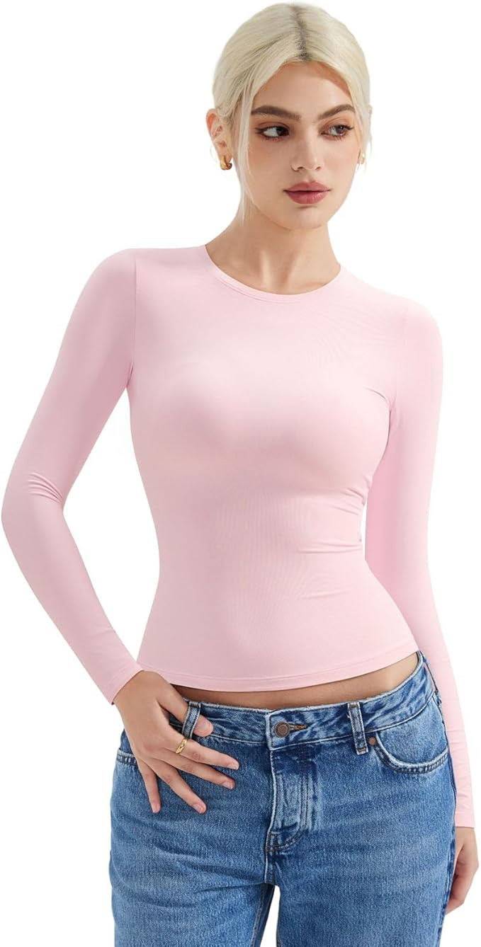 SUUKSESS Women Double Lined Fitted Basic T Shirts Crew Neck Long Sleeve Crop Top | Amazon (US)