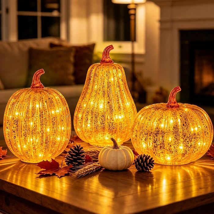 Mercury Glass Pumpkins Light 3PCS Halloween Fall Pumpkin Decor | Amazon (US)