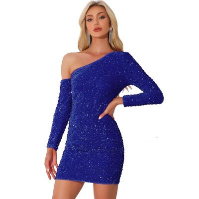 Allegra K Women's Velvet One-Shoulder Party Cocktail Sequin Dress Royal Blue Large | Target