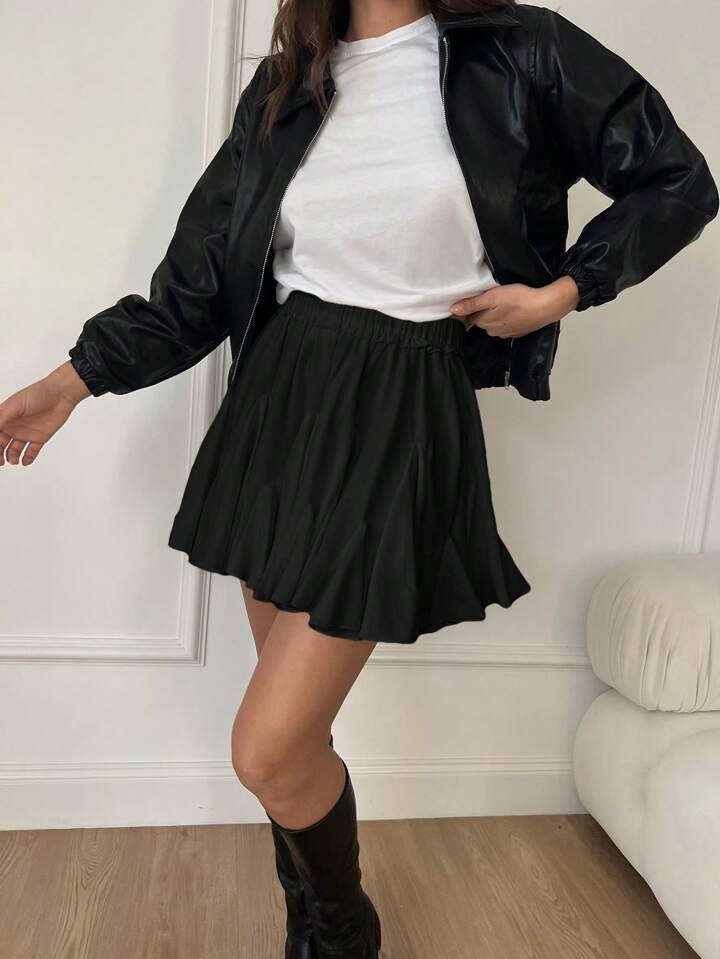 Siren Gaze Women Black Ruffled Hem Mini Skirt, High Waisted Pleated Skirt, Sexy Black Skirt,Black... | SHEIN