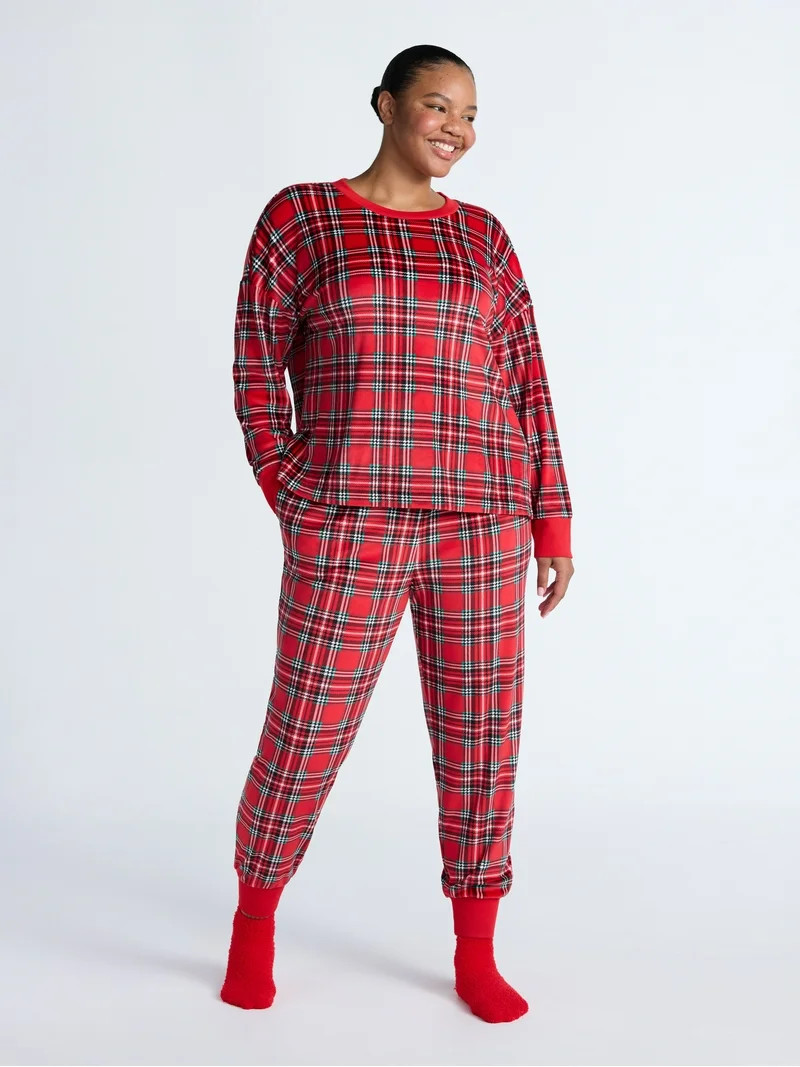 Joyspun Women’s Stretch Velour Long Sleeve Top, Pants, and Socks Pajama Set, 3-Piece, Sizes XS-... | Walmart (US)