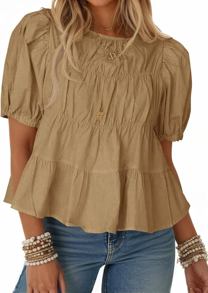 Tankaneo Womens Puff Sleeve Peplum Babydoll Tops Summer Flowy Pleated Cotton T-Shirts Casual Loos... | Amazon (US)
