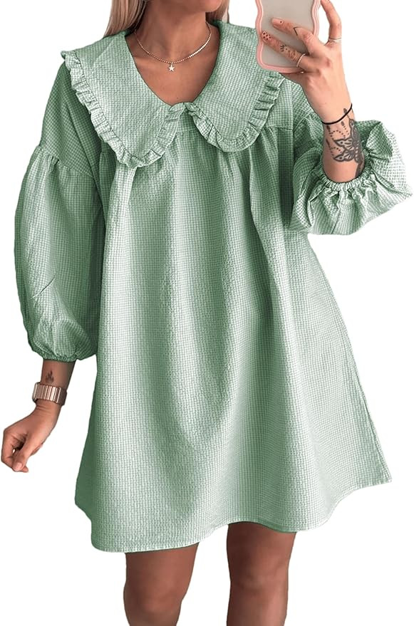 2026 Women's Babydoll 3/4 Puff Sleeve Plaid Mini Dress Lapel Doll Collar Loose Y2k Dress | Amazon (US)