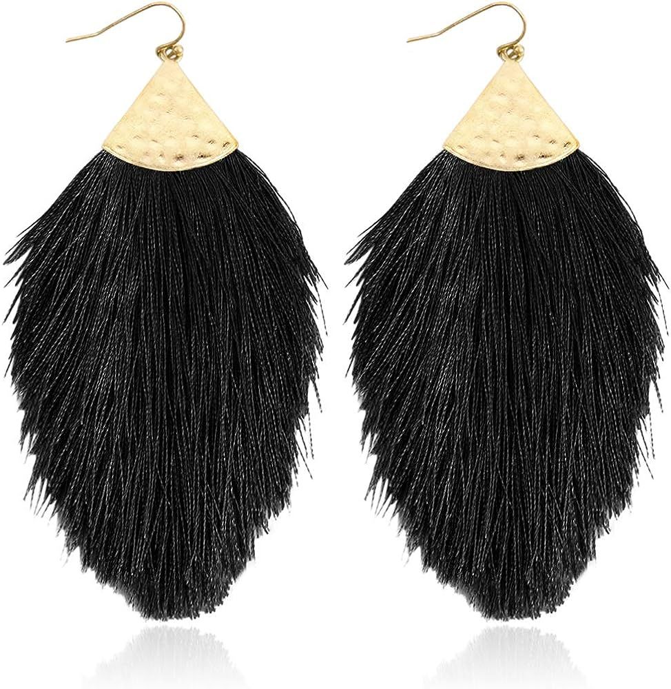 Bohemian Silky Thread Fan Fringe Tassel Statement Earrings - Lightweight Strand Feather Shape Dan... | Amazon (US)