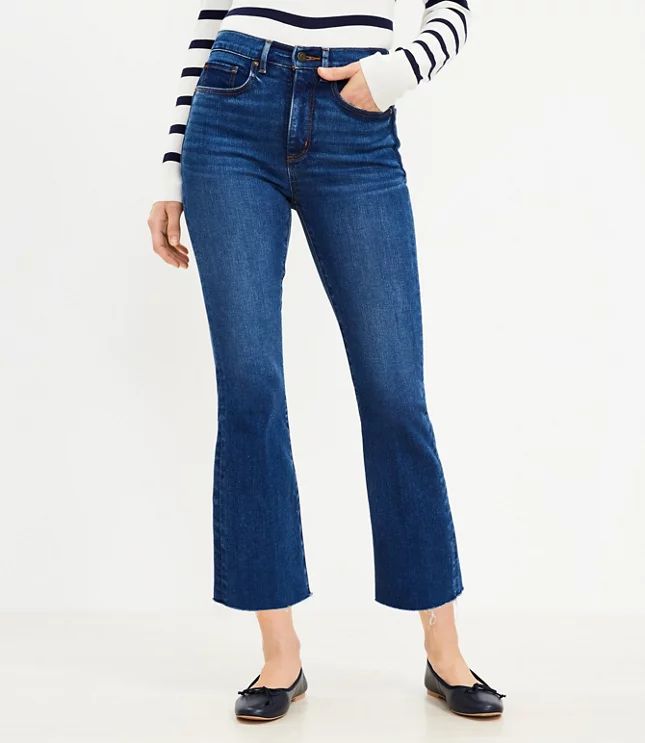 Destructed Hem High Rise Kick Crop Jeans in Clean Dark Wash | LOFT