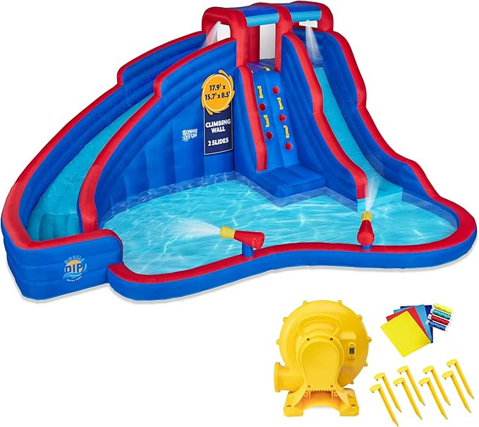 Sunny & Fun Double Dip Inflatable Water Slide Park – Heavy-Duty for Outdoor Fun - Climbing Wall... | Amazon (US)