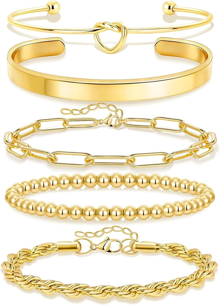 Gold Bracelets for Women Non Tarnish, 14K Gold Plated Chunky Cuff Bracelet Gold Bangles Bracelet ... | Amazon (US)