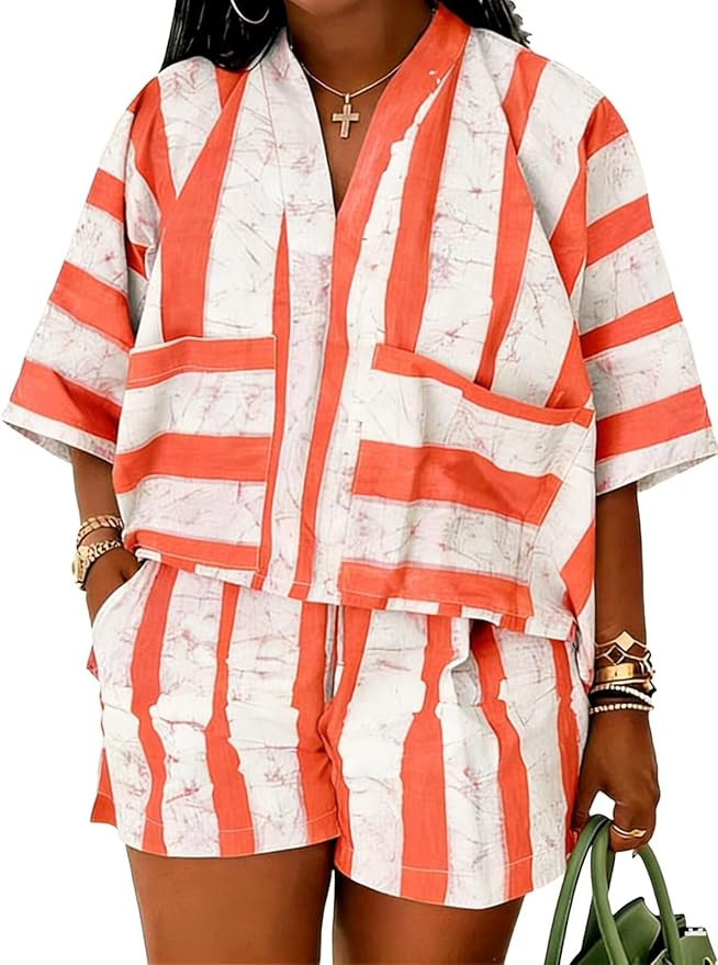 Ophestin Women Summer 2 Piece Sets 3/4 Sleeve V Neck Shirt Top Shorts Lounge Set with Pockets Ove... | Amazon (US)