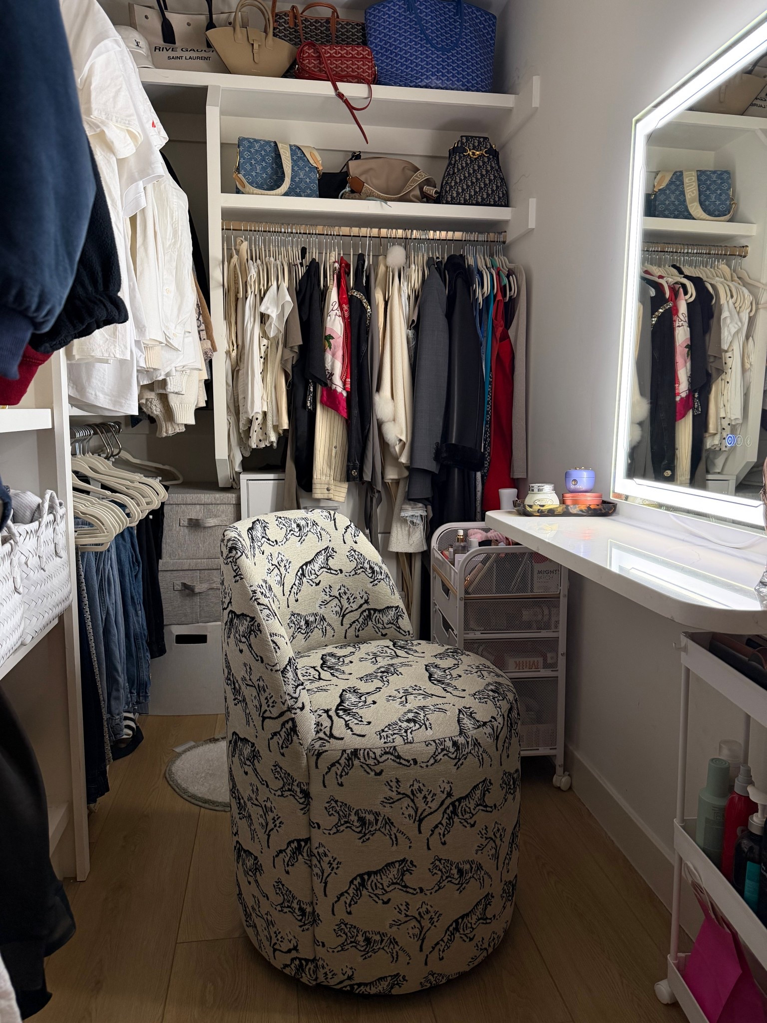 Closet vanity moment 🤍✨
this little setup makes getting ready feel so much more fun

My favorite detail is the tiger ivory chair.. it adds the perfect statement while still feeling neutral and cozy. It really pulls the whole space together and makes the vanity feel a little more elevated 🐅✨

kept everything else clean and minimal so the chair could shine (and still super functional for everyday use)

linked here ✨
