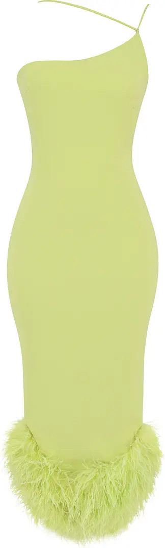 Alessia Asymmetric Feather Trim Midi Dress | Nordstrom