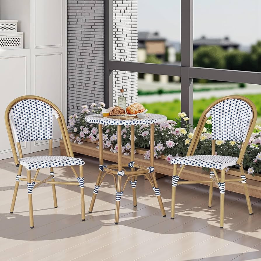 3 Piece Patio Bistro Set , French Wicker Outdoor Bistro Set with Round Table and 2 Dining Chairs ... | Amazon (US)
