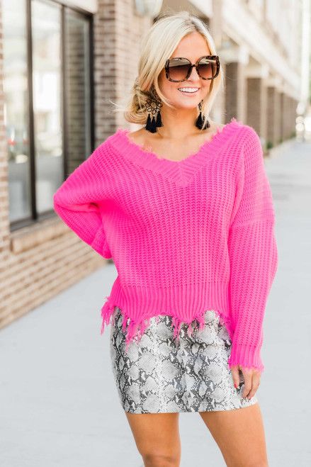 Commitment To Cool Hot Pink Distressed Sweater | The Pink Lily Boutique