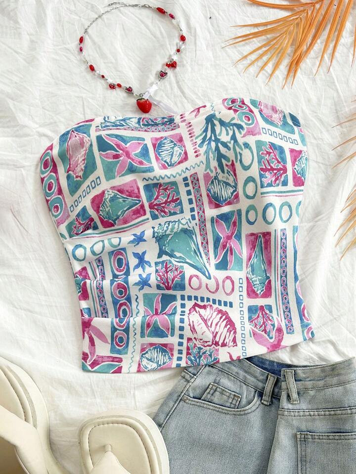 Soleia Women's Colorful Holiday Style Summer Cute Print Crop Top, Knitted, Suitable For Layering Undergarment Or Outerwear, Autumn/Spring | SHEIN