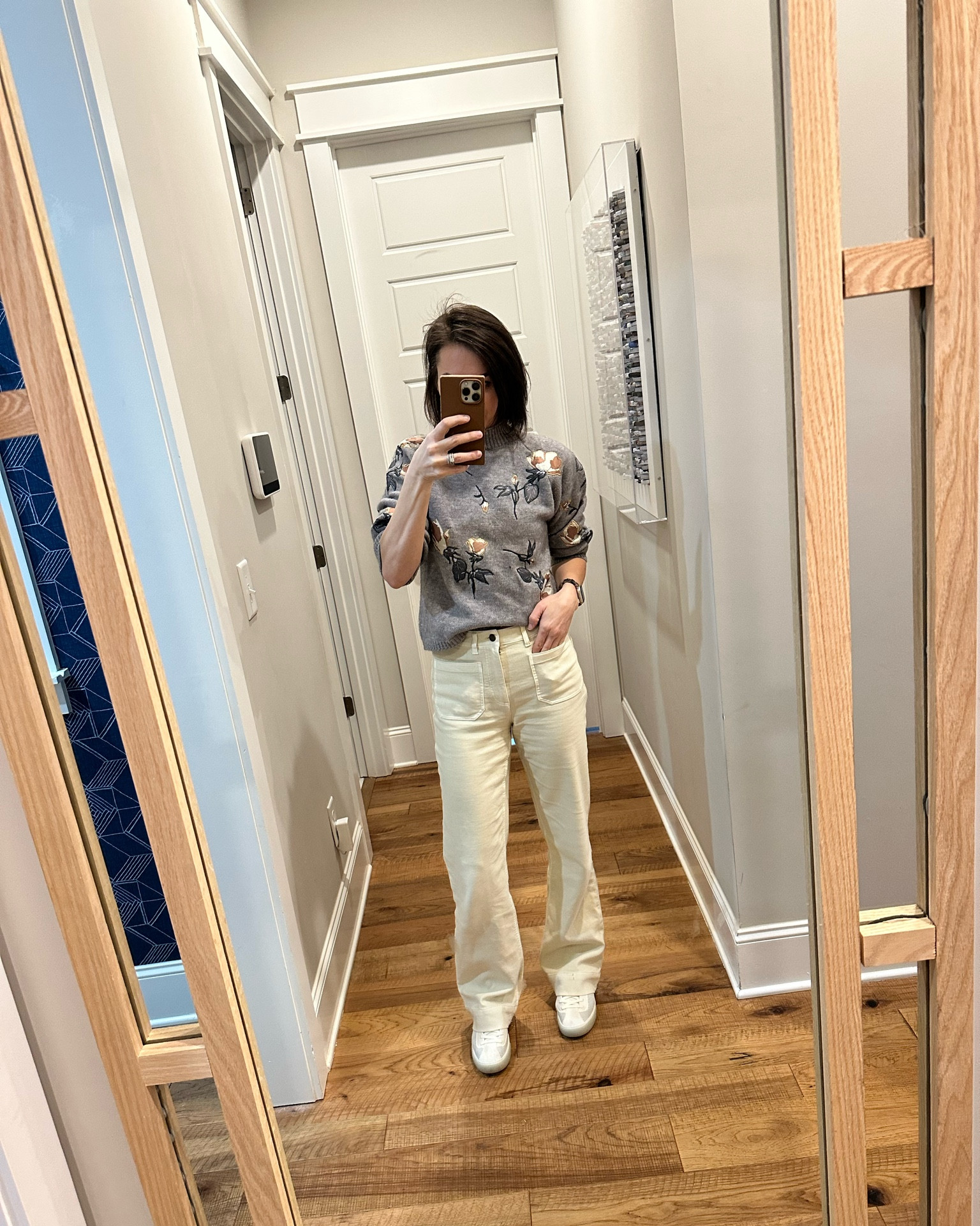 Size up in sweater 
Shoes are Rothy’s lace ups