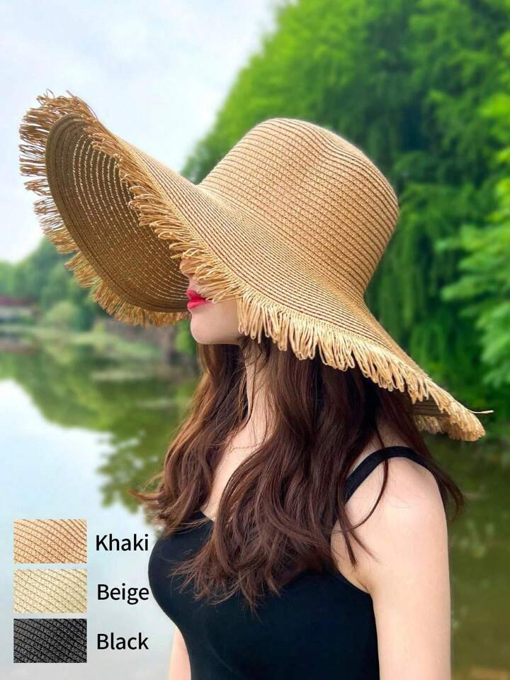 One Ladies Khaki Tassel Fringe Wide Brim Sun Hat With Solid Color, Perfect For Spring/Summer Vaca... | SHEIN