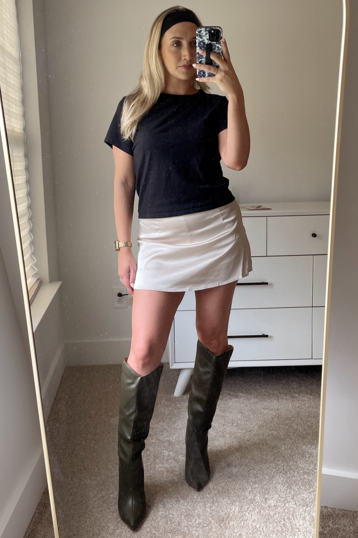 A perfect summer to fall transitional outfit 👢🖤

Black baby tee, champagne satin mini skirt, olive green knee high heeled boots

#LTKShoeCrush #LTKStyleTip #LTKSeasonal