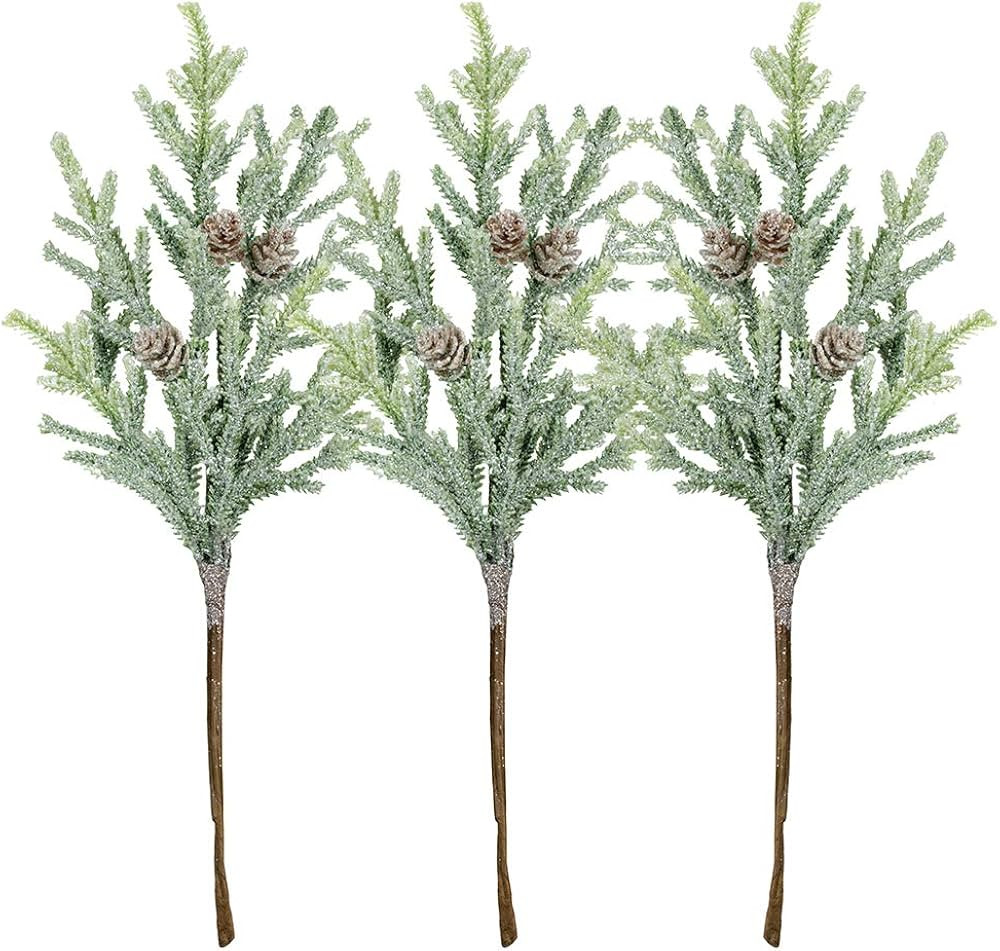 Amazon.com: 3 Pack Frosted Artificial Cypress Pine Stems Snowy Glittered Pine Spray with Mini Pin... | Amazon (US)