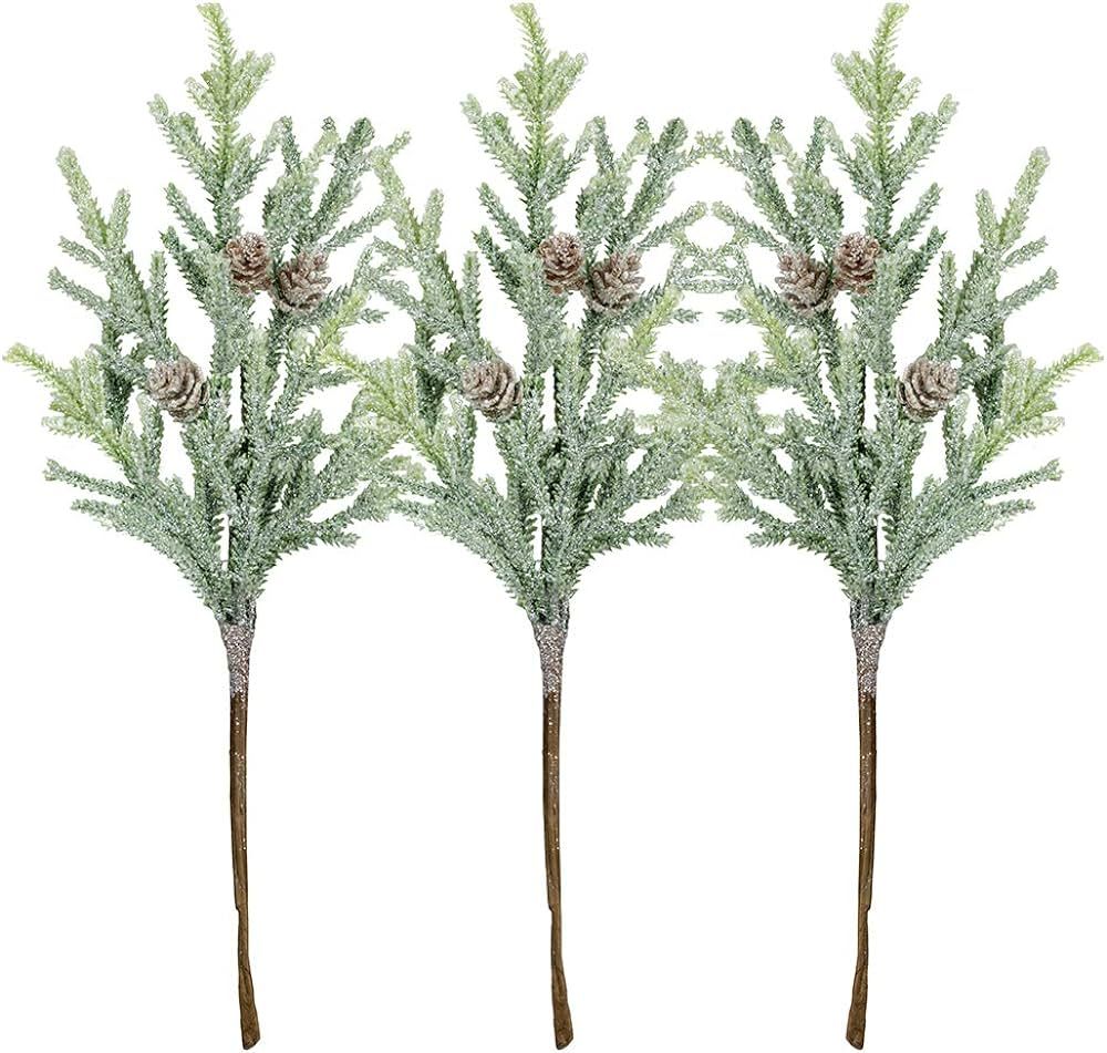 Amazon.com: 3 Pack Frosted Artificial Cypress Pine Stems Snowy Glittered Pine Spray with Mini Pin... | Amazon (US)