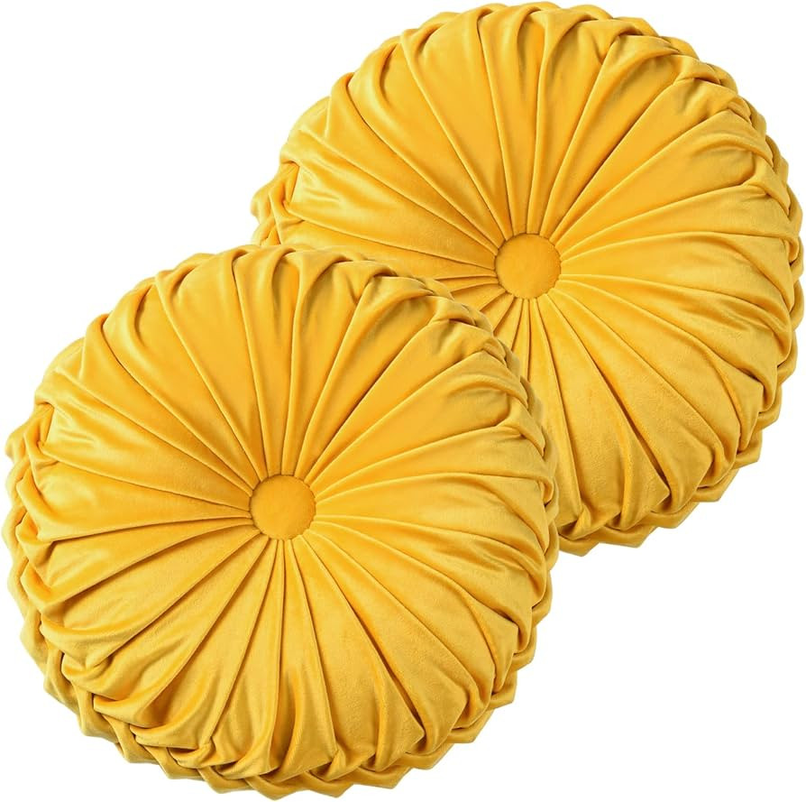 HIG Set of 2 Yellow Ruched Velvet Round Throw Pillows – 14.5’’ Decorative Pillows with Soft... | Amazon (US)