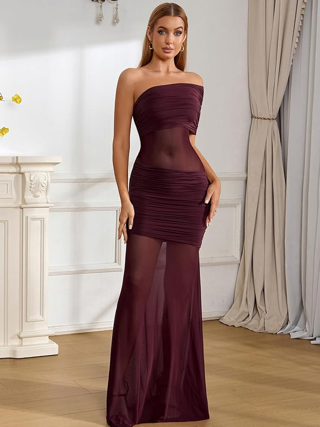 Off Shoulder Bodycon Formal Wedding Guest Maxi Dress Mesh Patchwork Cocktail Dresses for Women 20... | Amazon (US)