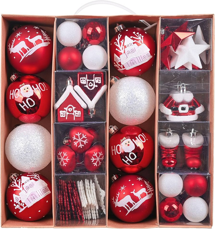 Valery Madelyn Red and White Christmas Tree Decorations 60pcs, 3-8cm Shatterproof Christmas Baubl... | Amazon (UK)