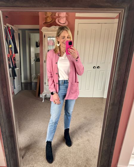 Spring transition outfit. Bubblegum pink shacket. Raw hem jeans. #styleinspo #winteroutfit #jeanss

#LTKover40 #LTKSeasonal #LTKfindsunder100