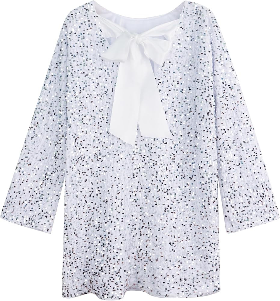 Womens Long Sleeve Sparkly Sequin Mini Dress Backless Bow Tie Short Dress Loose Fit Party Cocktai... | Amazon (US)