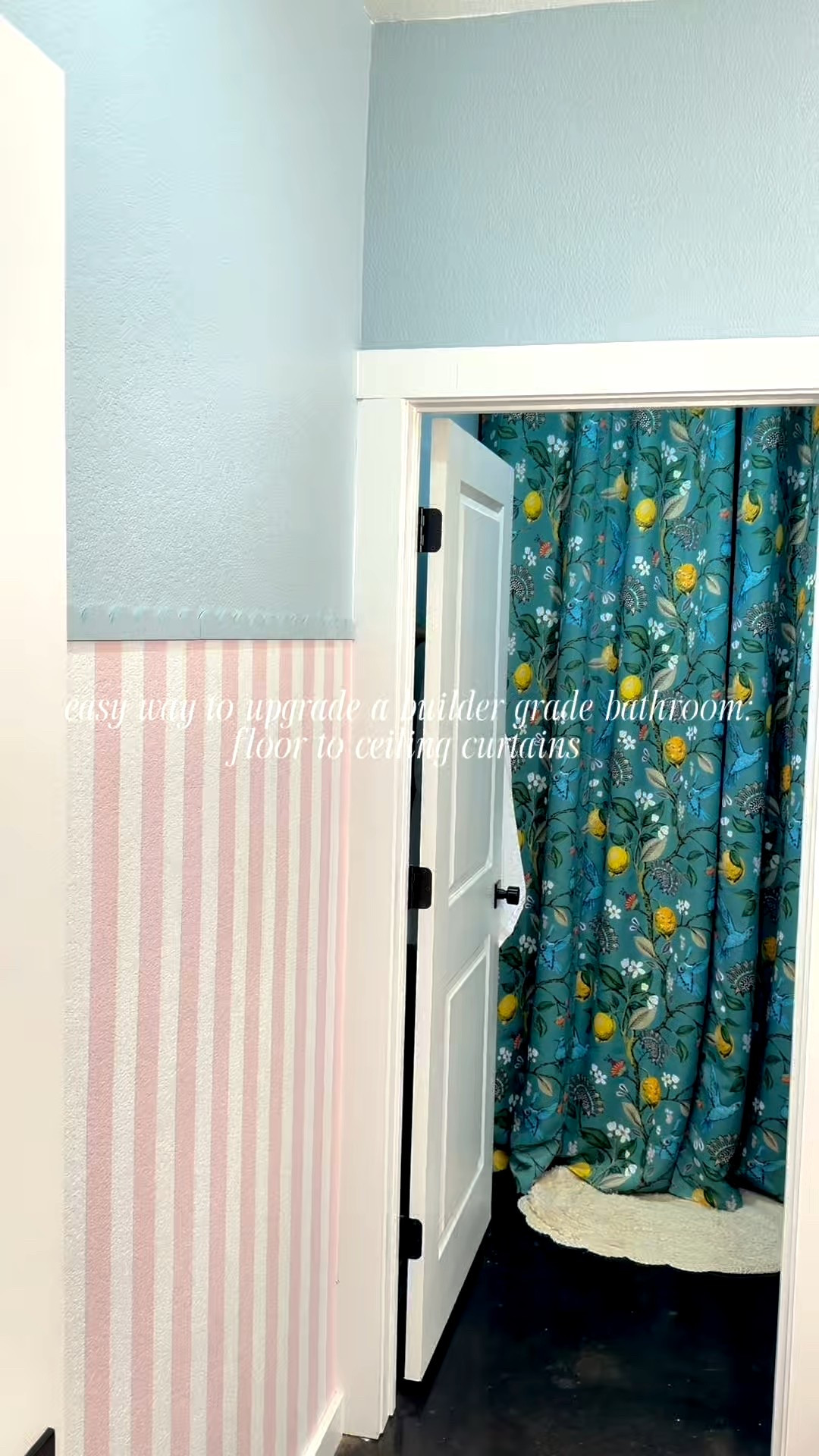 the statement bathroom everyone asks about 🩵 adding this floor to ceiling curtain set was the best choice ever to make the room look so tall + really draw in the eye! Everything is from Amazon! 

#LTKHome