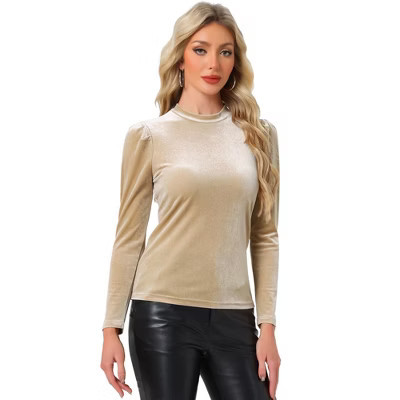 INSPIRE CHIC Women's Metallic Velvet Puff Long Sleeve Mock Neck Glitter T-shirt Beige X-Small | Target