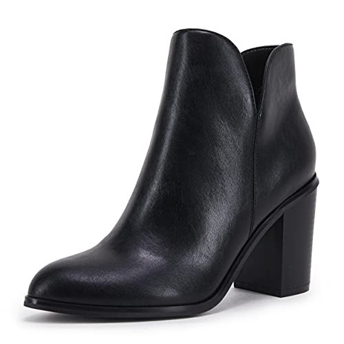 LAICIGO Womens V Cut Ankle Boots Side Zipper Chunky Black Faux Leather Booties | Amazon (US)