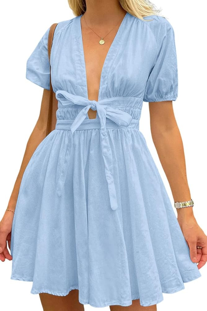 Women's Cute Summer Short Puff Sleeve Tie Cotton Mini Dress | Amazon (US)