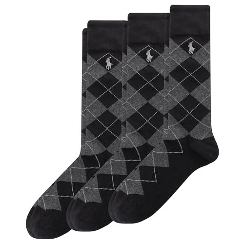 POLO RALPH LAUREN Mens Crew Socks 3 Pair Pack - Soft And Lightweight Cotton Comfort Argyle Dress, Black Assorted, 12-17 US | Amazon (US)