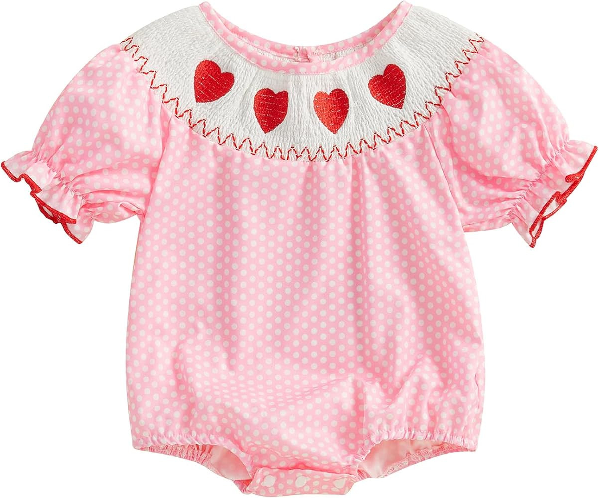 Karuedoo Toddler Infant Baby Girl Valentines Day Outfit Heart Embroidery Polka Dot Smocked Bubble... | Amazon (US)