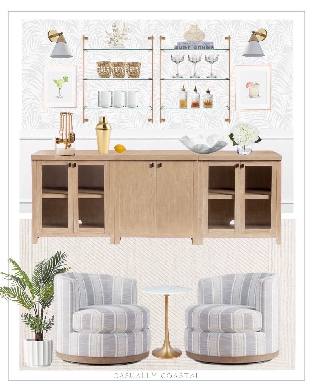 By request, a home bar design! 🍸🥃 
—— 
coastal home decor, coastal furniture, coastal home bar, coastal rug, coastal accent chair, coastal faux plant, coastal wood vase, Amazon vase, white marble round accent table, coastal accent table, floral wallpaper, coastal wallpaper, indoor outdoor planter pot, wood base swivel chair, coastal swivel chair, striped accent chairs, living room chairs, bitters bottle, cocktail bottles, glass dasher bottles, coral decorative sculpture, Areca palm faux tree, cane webbing candleholders, vase filler, bar ware bar tools, gold bar tools with stand, decorative bowl, coastal bowl, wall sconce, hammered drinking glasses, clear drinking glasses, vintage coupe glasses, cocktail glasses, ceramic bamboo wine bucket, pineapple cocktail shaker, gold glass antique wall shelf, coastal wall shelf, Etsy artwork, margarita wall art, grapefruit Paloma art, Wayfair rug, neutral rug, coastal buffet with cabinet, bar furniture, sitting room, cocktail room, cocktail art, lounge ideas, cocktail lounge, bar cart decor 

#LTKFindsUnder50 #LTKFindsUnder100 #LTKHome