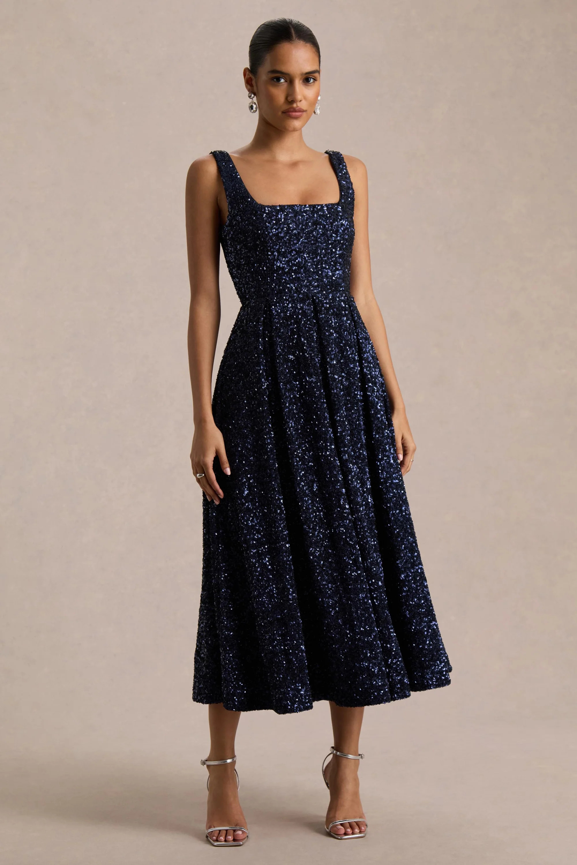 Lima | Navy Sequin Square-Neck A-Line Midi Dress | Club L London
